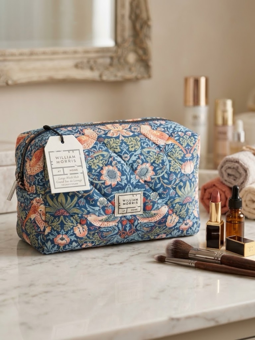 William Morris At Home Strawberry Thief Quilted Makeup Bag / Large Wash Bag NWT